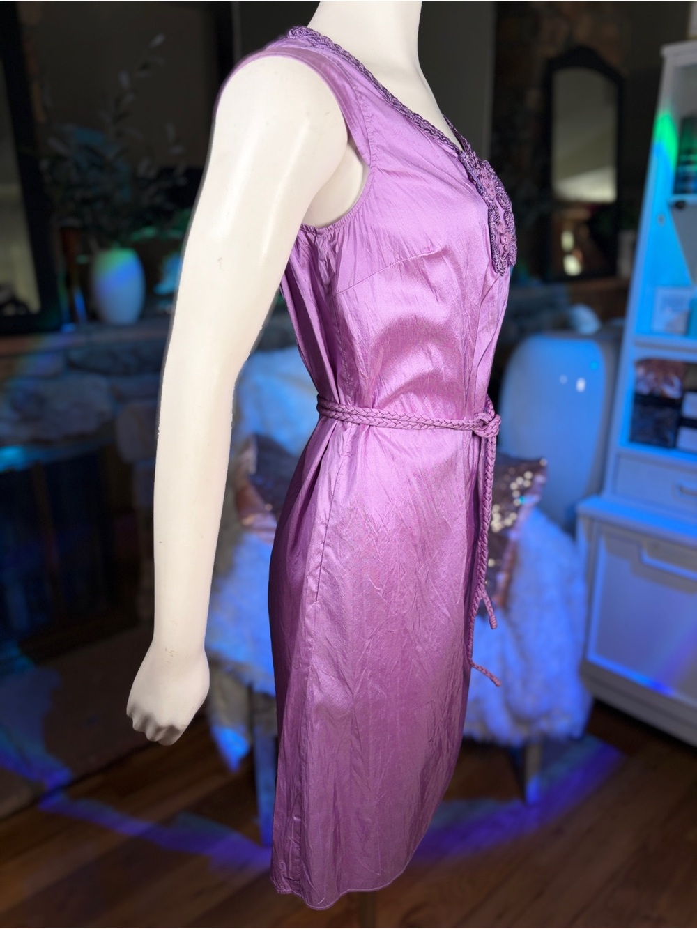 Calypso St. Barth Lilac 100% Silk Cap Sleeve Frog Clasp Front Belted Dress, Sz S - Picture 4 of 14